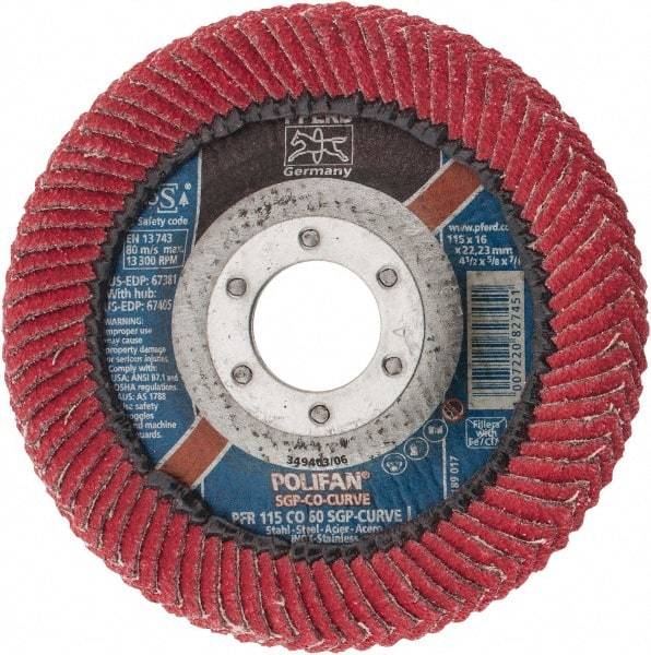 PFERD - 60 Grit, 4-1/2" Disc Diam, 7/8" Center Hole, Type 27 Ceramic Flap Disc - 13,300 Max RPM, Fiberglass Backing, Arbor Attaching System, Coated - Caliber Tooling