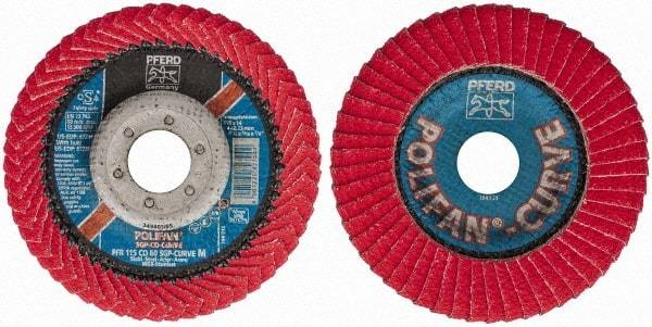 PFERD - 60 Grit, 4-1/2" Disc Diam, 7/8" Center Hole, Type 27 Ceramic Flap Disc - 13,300 Max RPM, Fiberglass Backing, Arbor Attaching System, Coated - Caliber Tooling