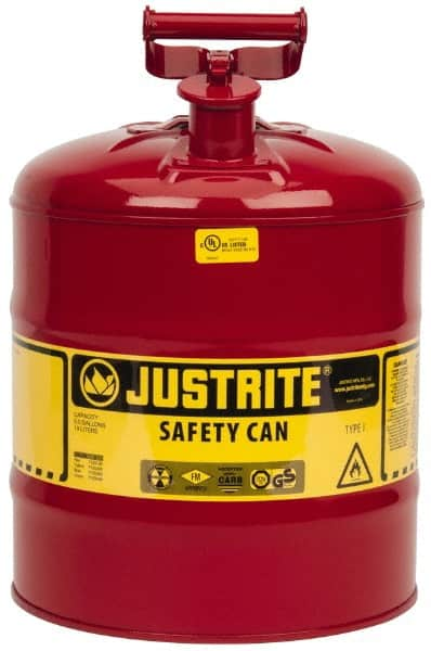 Justrite - 5 Gal Galvanized Steel Type I Safety Can - 16-7/8" High x 11-3/4" Diam, Red with Yellow - Caliber Tooling