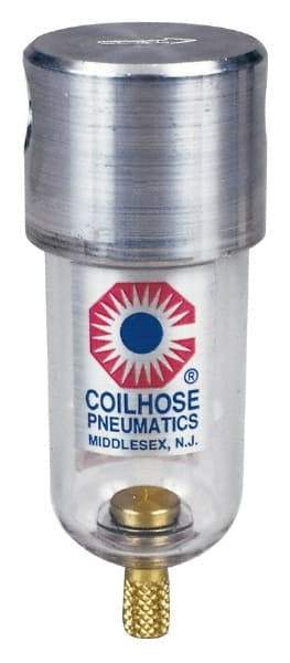 Coilhose Pneumatics - 1/8" Port, 4" High x 1-1/2" Wide, Miniature FRL Filter with Polycarbonate Bowl & Manual Drain - 25 SCFM, 150 Max psi, 120°F Max, 1.5 oz Bowl Capacity - Caliber Tooling