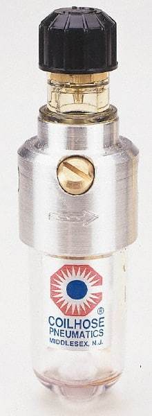 Coilhose Pneumatics - 1/4 NPT Port, 150 Max psi, Miniature Lubricator - Polycarbonate Bowl, Cast Aluminum Body, 11 CFM, 120°F Max, 1-1/2" Wide x 5" High - Caliber Tooling