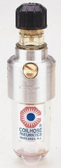 Coilhose Pneumatics - 1/4 NPT Port, 150 Max psi, Miniature Lubricator - Polycarbonate Bowl, Cast Aluminum Body, 11 CFM, 120°F Max, 1-1/2" Wide x 5" High - Caliber Tooling