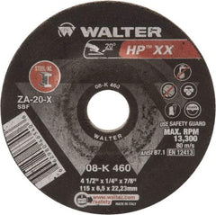 WALTER Surface Technologies - 20 Grit, 4-1/2" Wheel Diam, 1/4" Wheel Thickness, Type 27 Depressed Center Wheel - Aluminum Oxide, 13,300 Max RPM - Caliber Tooling