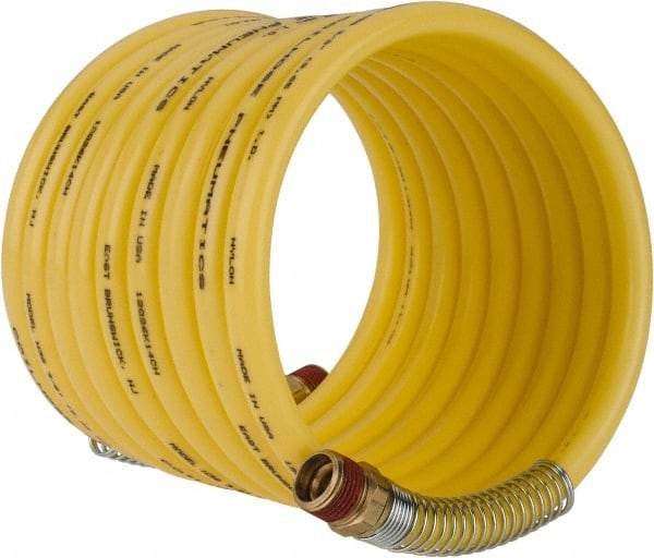 Coilhose Pneumatics - 3/8" ID, 3/8 Thread, 12' Long, Yellow Nylon Coiled & Self Storing Hose - 165 Max psi, Male Swivel x Male Swivel - Caliber Tooling