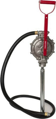 PRO-LUBE - 5 Strokes per Gal, 1/2" Outlet, Aluminum & Stainless Steel Hand Operated Transfer Pump - 42" OAL, For 15 to 55 Gal Drums, For Gasoline & Diesel Fuel - Caliber Tooling