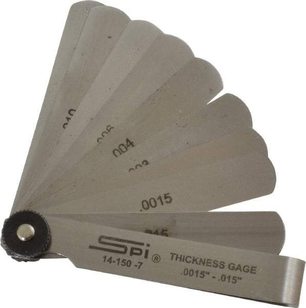 SPI - 9 Piece, 0.0015 to 0.015", Parallel Feeler Gage Set - 3" Long x 1/2" Wide, Tempered Steel - Caliber Tooling