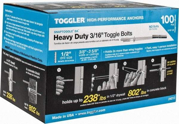 Toggler - 3/16" Screw, 6-1/4" Long, 3/8 to 3-5/8" Thick, Toggle Bolt Drywall & Hollow Wall Anchor - 3/16 - 24" Thread, 1/2" Drill, Zinc Plated, Steel, Grade 1010, Use in Drywall - Caliber Tooling