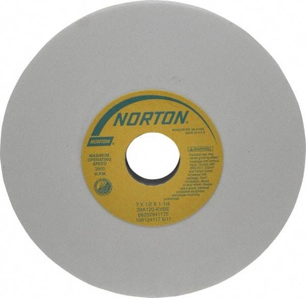 Norton - 7" Diam x 1-1/4" Hole x 1/2" Thick, K Hardness, 120 Grit Surface Grinding Wheel - Aluminum Oxide, Type 1, Fine Grade, 3,600 Max RPM, Vitrified Bond, No Recess - Caliber Tooling