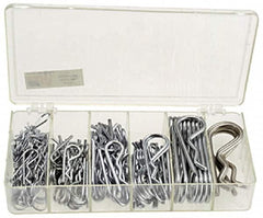 Precision Brand - 150 Piece, 1/16 to 3/16" Pin Diam, Hitch Pin Assortment - 1-9/16 to 3-1/4" Long, Steel - Caliber Tooling