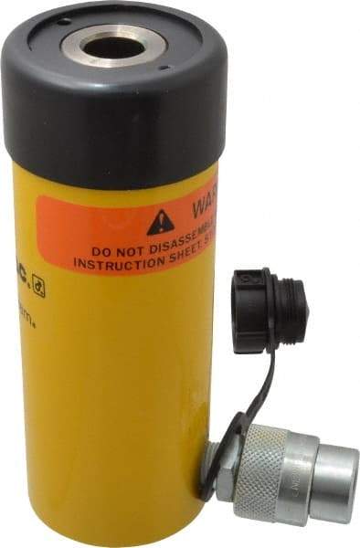 Enerpac - 12 Ton, 3" Stroke, 8.29 Cu In Oil Capacity, Portable Hydraulic Hollow Hole Cylinder - 2.76 Sq In Effective Area, 7.25" Lowered Ht., 10.25" Max Ht., 2.13" Cyl Bore Diam, 1.38" Plunger Rod Diam, 10,000 Max psi - Caliber Tooling