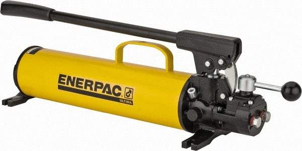 Enerpac - 1" Piston Stroke, 1-1/8" Piston Diam, 1.00, 0.15 Cu In per Stroke, 134 Cu In Reservoir Capacity, Manual Hydraulic Pump - 10,000 psi, 77 Lbs. Max Handle Effort, 2 Stage - Caliber Tooling