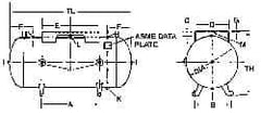 Made in USA - 15 Gallon, 200 Max psi Horizontal Tank - 33" Tank Length x 12" Tank Diam - Caliber Tooling