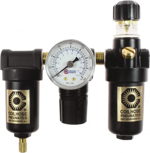 Coilhose Pneumatics - 1/8" NPT Port Miniature 3 Piece Filter-Regulator-Lubricator FRL Unit - Metal Bowl, 25 SCFM, 250 Max psi, 6.125" High, Manual Drain - Caliber Tooling