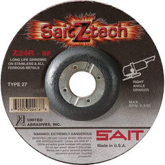 Sait - 24 Grit, 6" Wheel Diam, 1/4" Wheel Thickness, 7/8" Arbor Hole, Type 27 Depressed Center Wheel - Zirconia Alumina, Resinoid Bond, R Hardness, 10,200 Max RPM, Compatible with Angle Grinder - Caliber Tooling