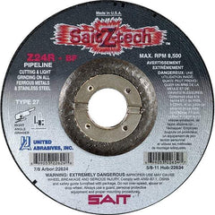 Sait - 24 Grit, 7" Wheel Diam, 1/8" Wheel Thickness, 7/8" Arbor Hole, Type 27 Depressed Center Wheel - Zirconia Alumina, Resinoid Bond, R Hardness, 8,500 Max RPM, Compatible with Angle Grinder - Caliber Tooling