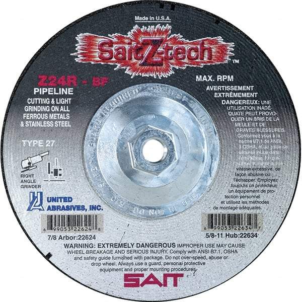 Sait - 24 Grit, 4-1/2" Wheel Diam, 1/8" Wheel Thickness, Type 27 Depressed Center Wheel - Zirconia Alumina, Resinoid Bond, R Hardness, 13,300 Max RPM, Compatible with Angle Grinder - Caliber Tooling