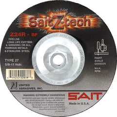 Sait - 24 Grit, 6" Wheel Diam, 3/32" Wheel Thickness, Type 27 Depressed Center Wheel - Zirconia Alumina, Resinoid Bond, R Hardness, 10,200 Max RPM, Compatible with Angle Grinder - Caliber Tooling