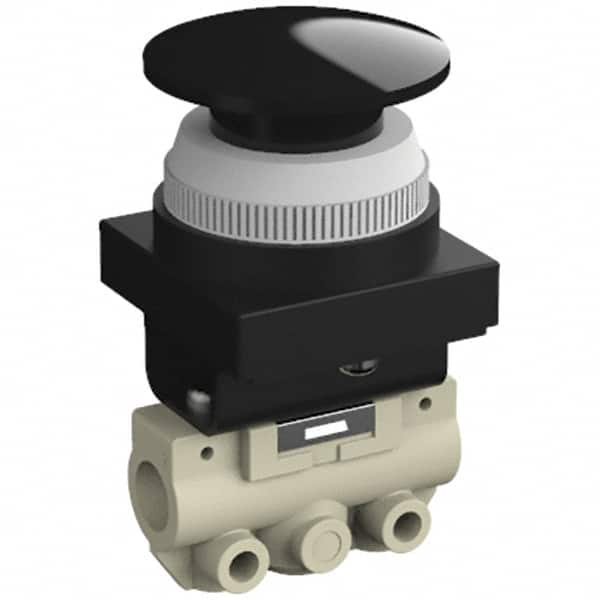 SMC PNEUMATICS - 0.14 CV Rate, 1/8" NPT Inlet Mechanical Valve - 2 Way, 2 Ports, Push Button Mushroom - Caliber Tooling