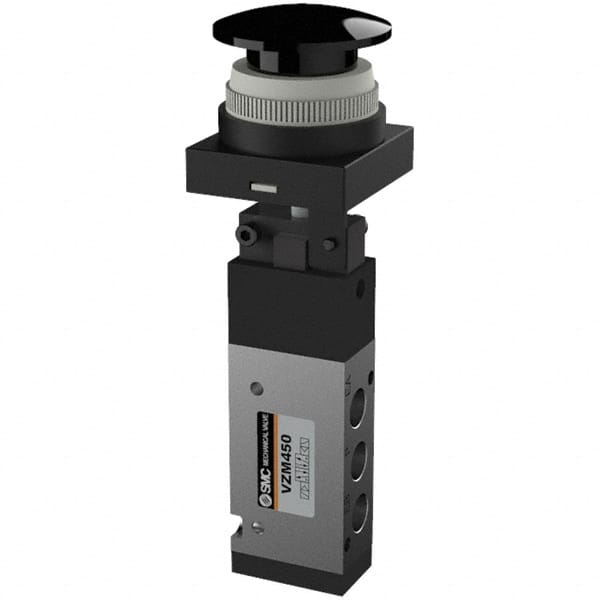 SMC PNEUMATICS - 0.55 CV Rate, 1/8" NPT Inlet Mechanical Valve - 4 Way, 5 Ports, Push Button Mushroom - Caliber Tooling