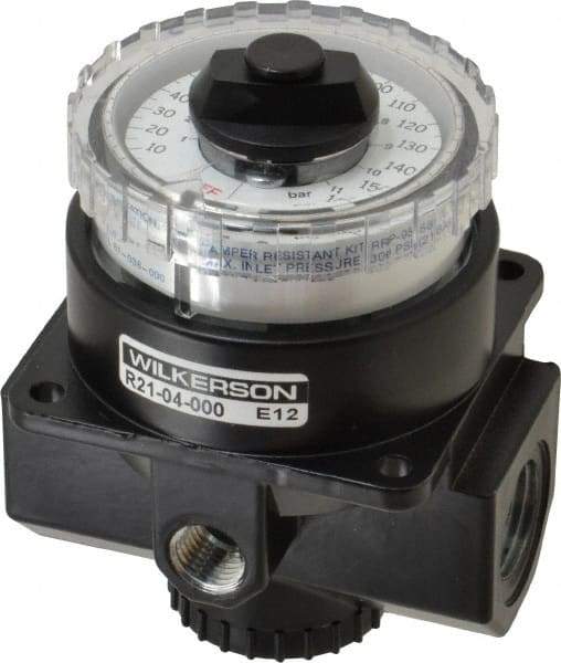 Wilkerson - 1/2 NPT Port, 195 CFM, Zinc Dial Air Regulator - 5 to 160 psi Range, 300 Max psi Supply Pressure, 1/4" Gauge Port Thread, 3.2" Wide x 4.19" High - Caliber Tooling