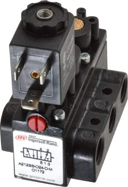 ARO/Ingersoll-Rand - 1/4" Inlet x 1/4" Outlet, Solenoid Actuator, Spring Return, 2 Position, Body Ported Solenoid Air Valve - 24 VDC Input, 54 CFM, 1.5 CV, 4 Way, 150 psi, 2-15/16" Long x 1-15/16" Wide x 1-15/16" High, 0 to 180°F - Caliber Tooling