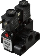 ARO/Ingersoll-Rand - 3/8" Inlet x 3/8" Outlet, Solenoid Actuator, Solenoid Return, 2 Position, Body Ported Solenoid Air Valve - 24 VDC Input, 63 CFM, 1.7 CV, 4 Way, 150 psi, 4" Long x '2-1/2" Wide x 3-5/8" High, 0 to 180°F - Caliber Tooling