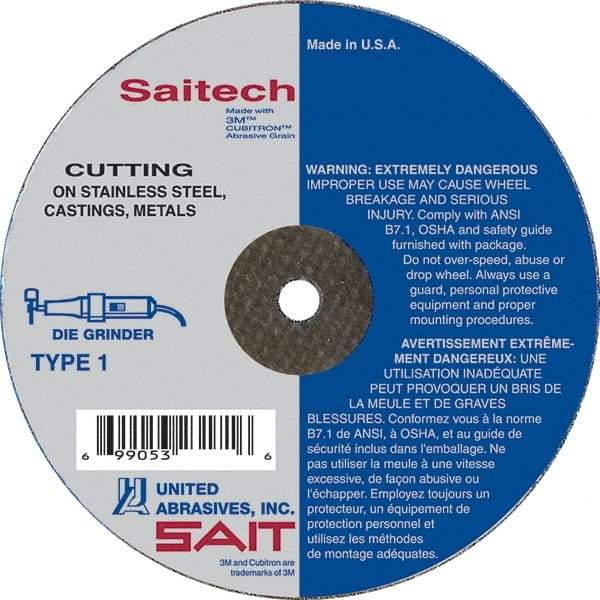 Sait - 3" Aluminum Oxide Cutoff Wheel - 1/16" Thick, 3/8" Arbor, 25,000 Max RPM, Use with Die Grinders - Caliber Tooling