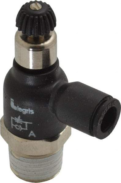 Legris - 1/4" Tube OD x 1/4 Male NPT Compact Meter Out Flow Control Valve - 14.5 to 145 psi, Nylon - Caliber Tooling