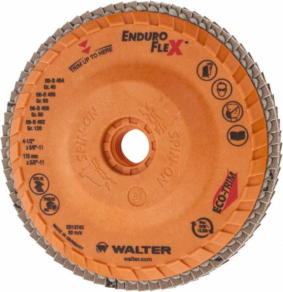 WALTER Surface Technologies - 120 Grit, 4-1/2" Disc Diam, 5/8-11 Center Hole, Zirconia Alumina Flap Disc - 13,300 Max RPM, Plastic Backing, Arbor Attaching System, Coated - Caliber Tooling