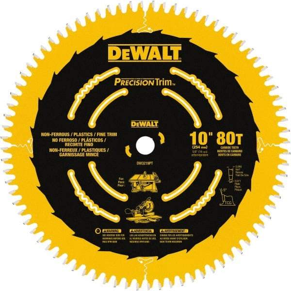 DeWALT - 10" Diam, 5/8" Arbor Hole Diam, 80 Tooth Wet & Dry Cut Saw Blade - Carbide-Tipped, Crosscut Action, Standard Round Arbor - Caliber Tooling