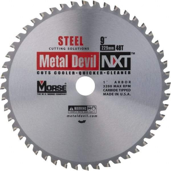 M.K. MORSE - 9" Diam, 1" Arbor Hole Diam, 48 Tooth Wet & Dry Cut Saw Blade - Steel, Standard Round Arbor - Caliber Tooling