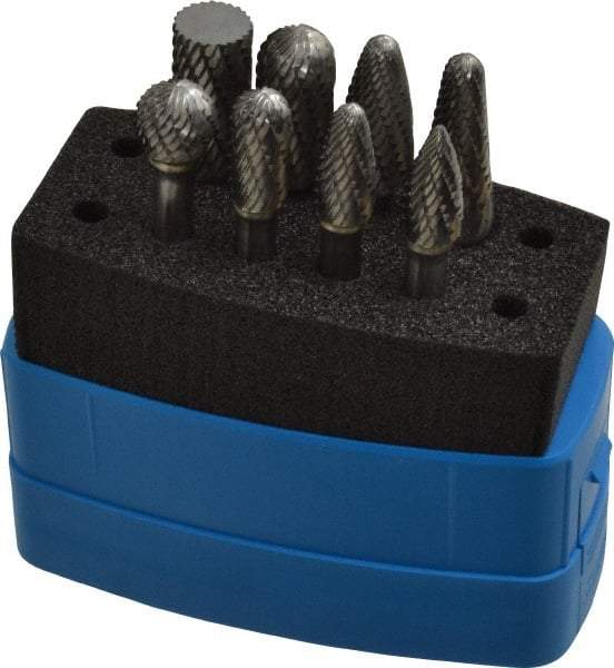 Made in USA - 8 Piece, 1/4" Shank Burr Set - Solid Carbide, Multiple Head Shapes, 14° Included Angle - Caliber Tooling