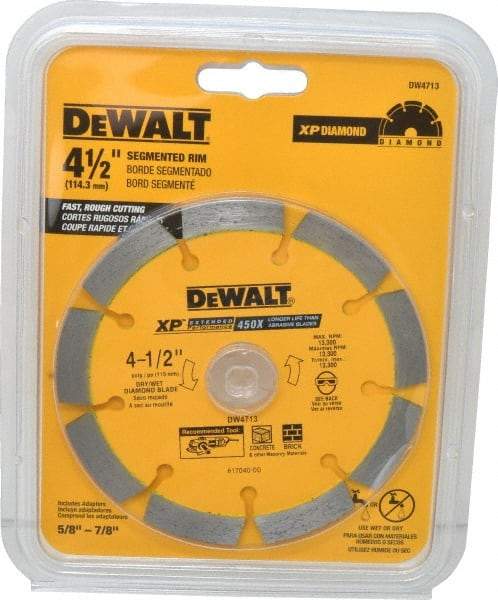 DeWALT - 4-1/2" Diam, 7/8" Arbor Hole Diam, Wet & Dry Cut Saw Blade - Diamond-Tipped, Standard Round Arbor - Caliber Tooling