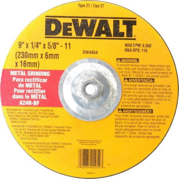 DeWALT - 24 Grit, 9" Wheel Diam, 1/4" Wheel Thickness, Type 27 Depressed Center Wheel - Aluminum Oxide, R Hardness, 6,600 Max RPM, Compatible with Angle Grinder - Caliber Tooling