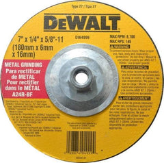 DeWALT - 24 Grit, 7" Wheel Diam, 1/4" Wheel Thickness, Type 27 Depressed Center Wheel - Aluminum Oxide, R Hardness, 8,700 Max RPM, Compatible with Angle Grinder - Caliber Tooling