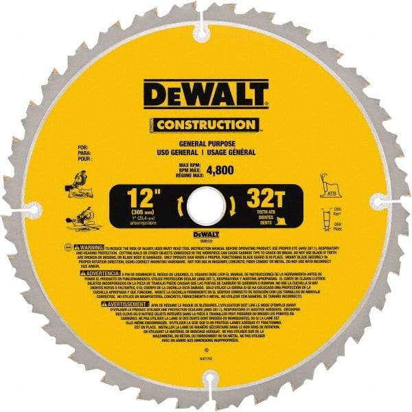 DeWALT - 12" Diam, 1" Arbor Hole Diam, 32 Tooth Wet & Dry Cut Saw Blade - Carbide-Tipped, General Purpose Action, Standard Round Arbor - Caliber Tooling