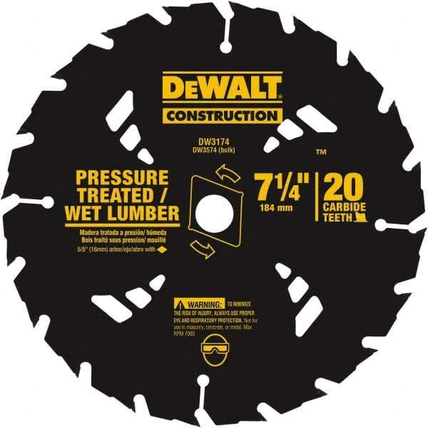 DeWALT - 7-1/4" Diam, 20 Tooth Wet & Dry Cut Saw Blade - Tungsten Carbide-Tipped, Standard Round Arbor - Caliber Tooling