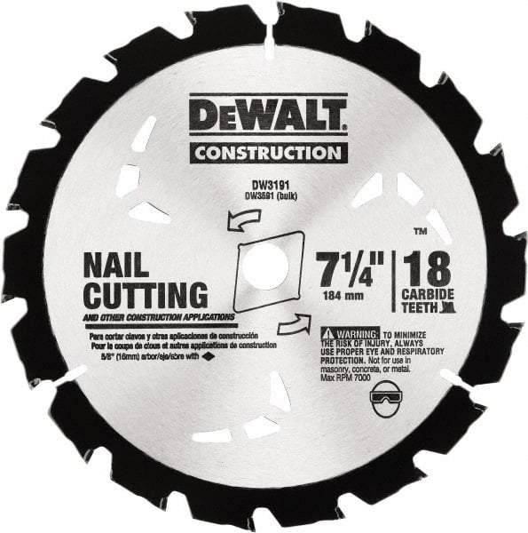 DeWALT - 7-1/4" Diam, 18 Tooth Wet & Dry Cut Saw Blade - Carbide-Tipped, Standard Round Arbor - Caliber Tooling