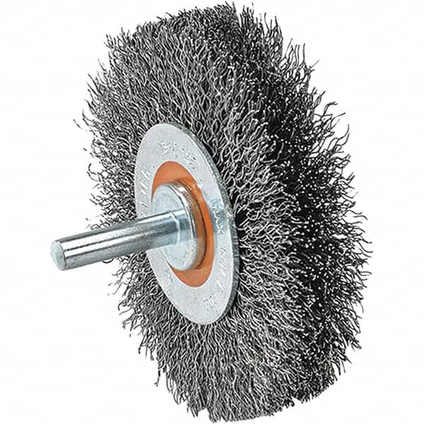 WALTER Surface Technologies - 2" OD, 1/4" Shank Diam, Crimped Steel Wheel Brush - 5/8" Face Width, 0.0118" Filament Diam, 25,000 RPM - Caliber Tooling