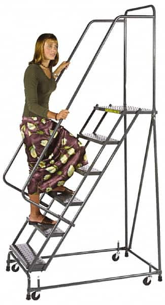 Ballymore - 73" 4 Step Ladder - Spring Loaded Rolling Safety Ladder, 450 Lb Capacity, 38" Platform Height, 30" Base Width x 35" Base Depth, Grip Strut - Caliber Tooling