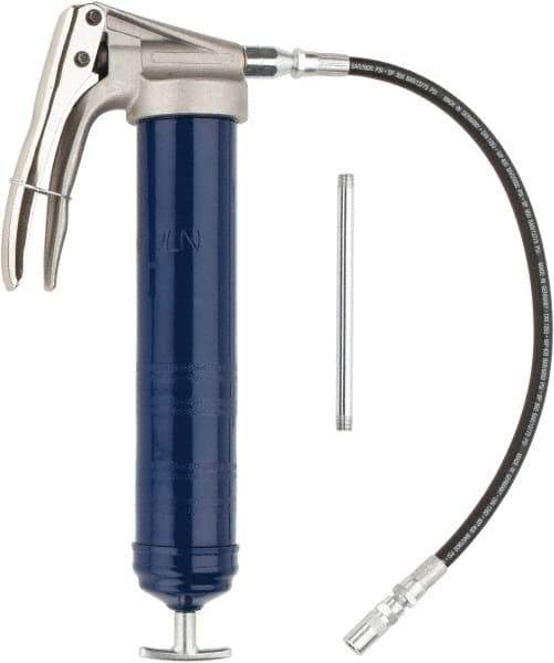 Lincoln - 7,500 Max psi, Flexible Pistol Grease Gun - 14-1 & 2 oz (Cartridge) & 16 oz (Bulk) Capacity, 1/8 Thread Outlet, 39 Strokes per oz, Bulk & Cartridge Fill, Includes 6" Straight Pipe & Coupler - Caliber Tooling