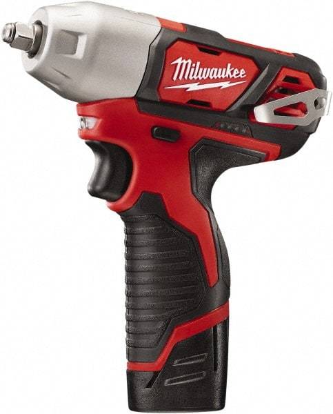 Milwaukee Tool - 3/8" Drive 12 Volt Pistol Grip Cordless Impact Wrench & Ratchet - 0 to 2,500 RPM, 0 to 3,300 BPM, 100 Ft/Lb Torque, 2 Lithium-Ion Batteries Included - Caliber Tooling