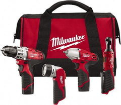 Milwaukee Tool - 12 Volt Cordless Tool Combination Kit - Includes 3/8" Square Drive Impact Wrench, 3/8" Drill/Driver, Work Light & 1/4" Ratchet, Lithium-Ion Battery Included - Caliber Tooling