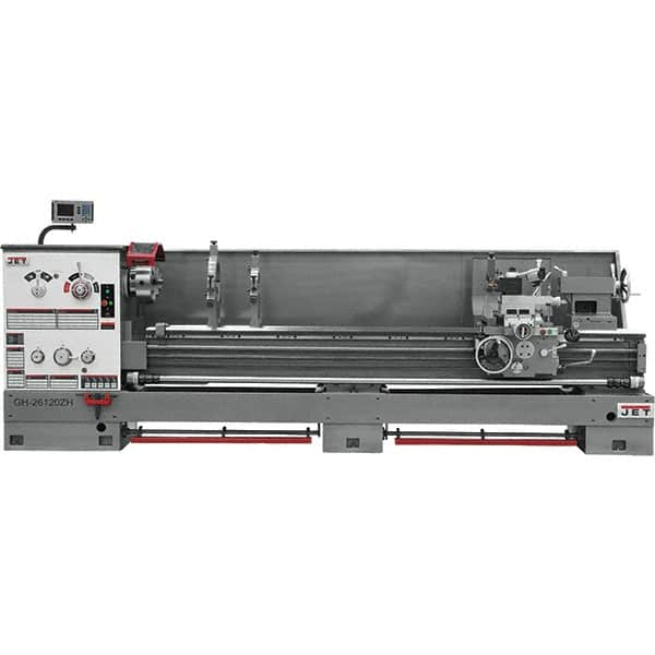 Jet - 26" Swing, 120" Between Centers, 230 Volt, Triple Phase Engine Lathe - 6MT Taper, 10 hp, 40 to 1,800 RPM, 4-1/8" Bore Diam, 43" Deep x 57" High x 178" Long - Caliber Tooling