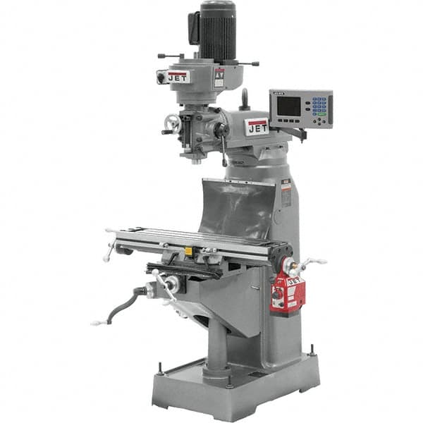 Jet - 7-7/8" Table Width x 35-3/4" Table Length, Step Pulley Control, 1 Phase Knee Milling Machine - R8 Spindle Taper, 1-1/2 hp - Caliber Tooling