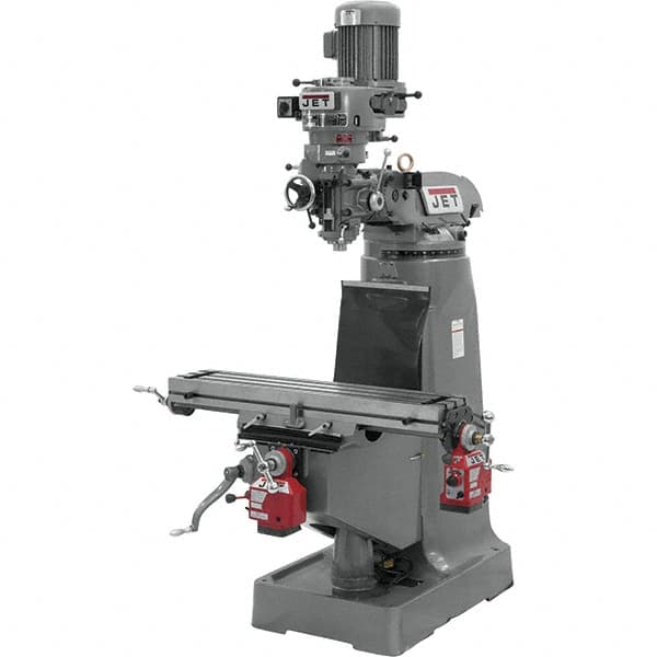 Jet - 9" Table Width x 42" Table Length, Step Pulley Control, 1 Phase Knee Milling Machine - R8 Spindle Taper, 2 hp - Caliber Tooling