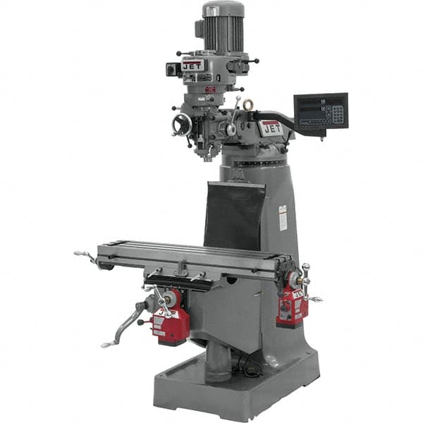 Jet - 9" Table Width x 42" Table Length, Step Pulley Control, 1 Phase Knee Milling Machine - R8 Spindle Taper, 2 hp - Caliber Tooling