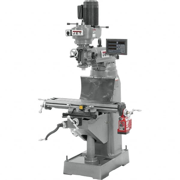 Jet - 7-7/8" Table Width x 35-3/4" Table Length, Step Pulley Control, 1 Phase Knee Milling Machine - R8 Spindle Taper, 1-1/2 hp - Caliber Tooling