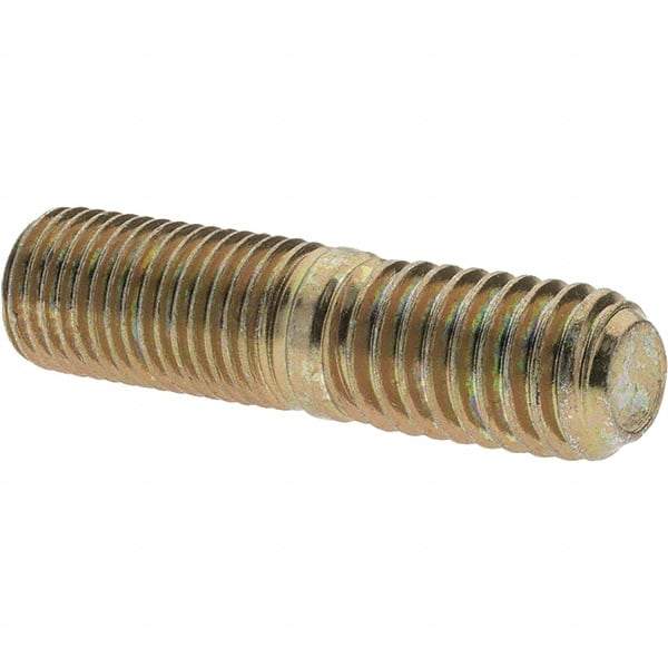 Value Collection - 7/16-20 Long Thread, 7/16-14 Short Thread, 1-3/4" OAL Unequal Double Threaded Stud - Alloy Steel, Zinc Yellow Dichromate Finish, 7/8" Long Thread Length, 3/4" Short Thread Length - Caliber Tooling