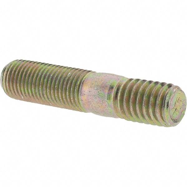 Value Collection - 3/8-24 Long Thread, 3/8-16 Short Thread, 1-3/4" OAL Unequal Double Threaded Stud - Alloy Steel, Zinc Yellow Dichromate Finish, 1" Long Thread Length, 9/16" Short Thread Length - Caliber Tooling